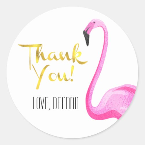 Pink Flamingo with Faux Gold Foil Thank You Classic Round Sticker