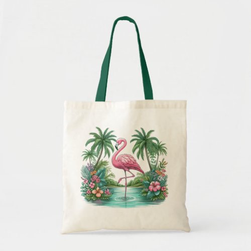 Pink Flamingo with Flowers and Palm Trees Tote Bag