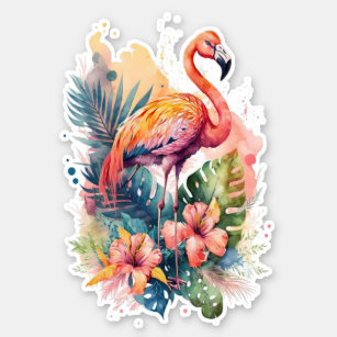Pink Flamingo with Flowers Sticker