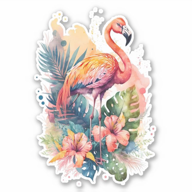 Pink Flamingo with Flowers Sticker (Front)