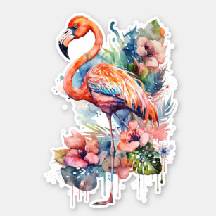 Pink Flamingo with Flowers Sticker