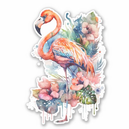 Pink Flamingo with Flowers Sticker