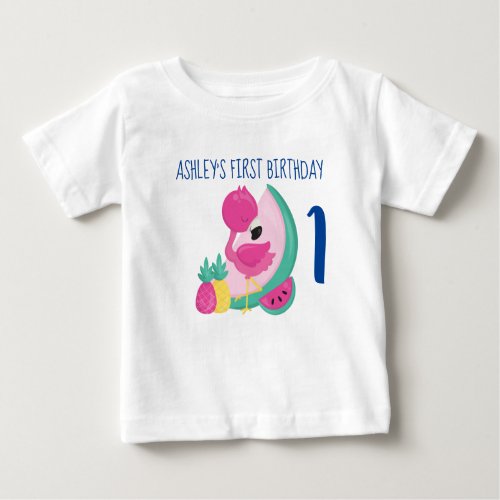 Pink Flamingo with Fruits First Birthday Baby T_Shirt