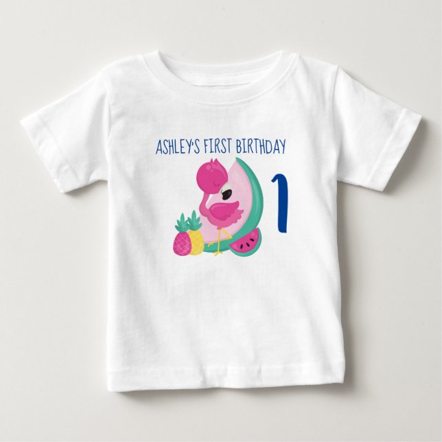 Pink Flamingo with Fruits First Birthday Baby T-Shirt (Front)