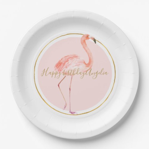 Pink flamingo with gold and frame personalized paper plates
