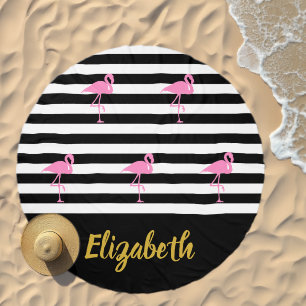 Pink Flamingo with Name Black and White Stripes Beach Towel