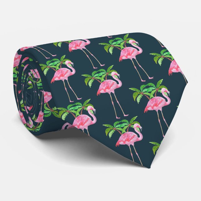 Pink Flamingo with Palm Trees Tie (Rolled)
