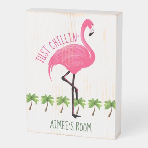 Pink Flamingo With Palm Trees Wooden Box Sign
