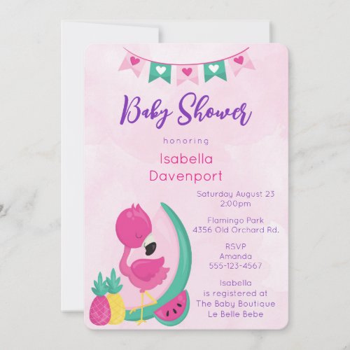 Pink Flamingo with Pineapple  Watermelon Shower Invitation