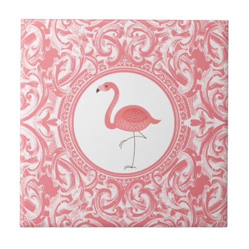 Pink Flamingo With Pink And White Floral Swirls Tile