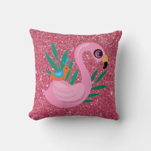 Pink Flamingo With Pink Glitter Throw Pillow