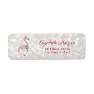 Pink Flamingo With Santa Hat, Glittery Bokeh Label