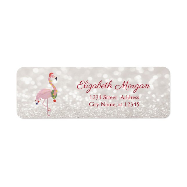 Pink Flamingo With Santa Hat, Glittery Bokeh Label (Front)