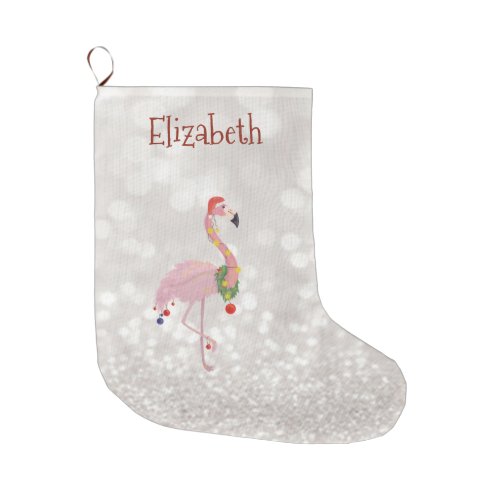 Pink Flamingo With Santa Hat Glittery Bokeh Large Christmas Stocking
