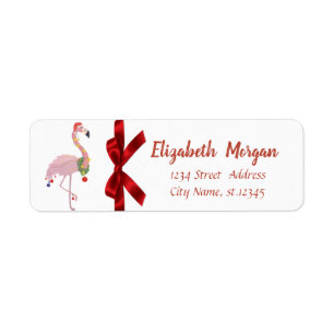 Pink Flamingo With Santa Hat, Red Bow, Holiday Label