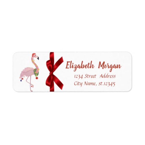 Pink Flamingo With Santa Hat Red Bow Holiday Label