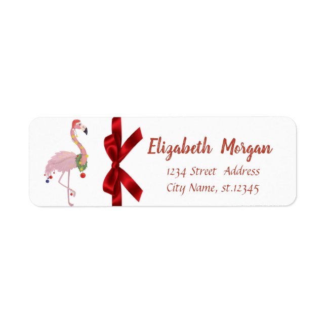 Pink Flamingo With Santa Hat, Red Bow, Holiday Label (Front)