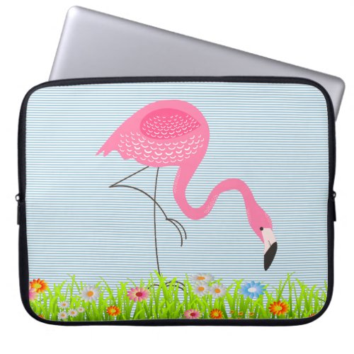 Pink Flamingo With Spring Flowers Laptop Sleeve