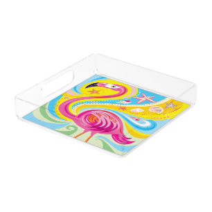 Pink Flamingo with Starfish Acrylic Tray