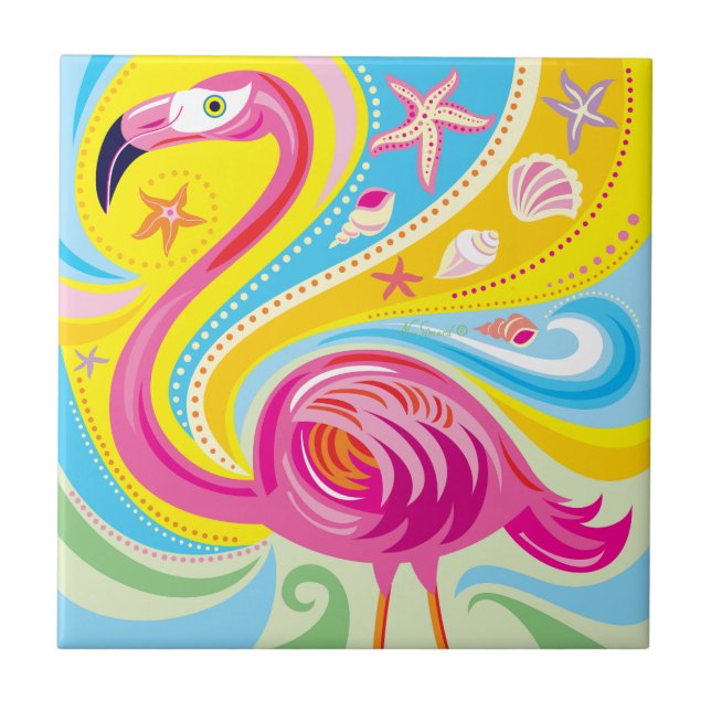 Pink Flamingo with Starfish Ceramic Tile (Front)