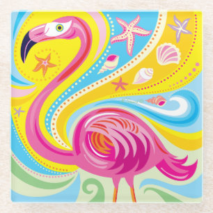 Pink Flamingo with Starfish Glass Coaster