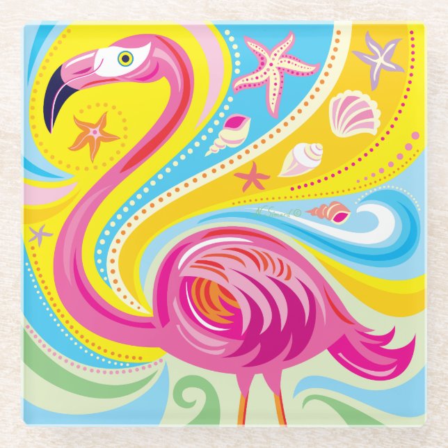 Pink Flamingo with Starfish Glass Coaster (Front)