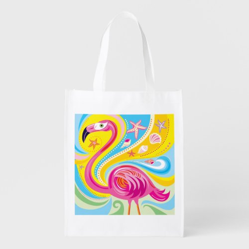 Pink Flamingo with Starfish Grocery Bag