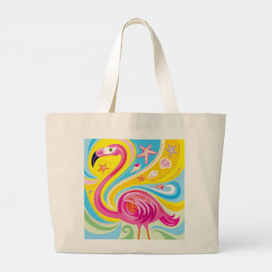 Pink Flamingo with Starfish Large Tote Bag