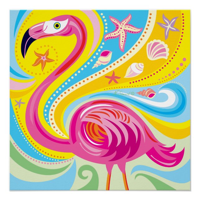 Pink Flamingo with Starfish Poster (Front)