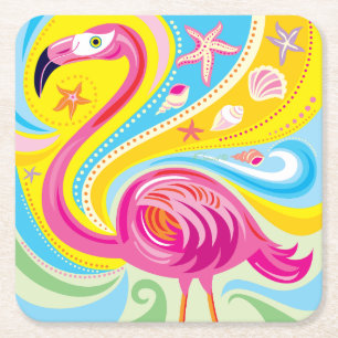 Pink Flamingo with Starfish Square Paper Coaster
