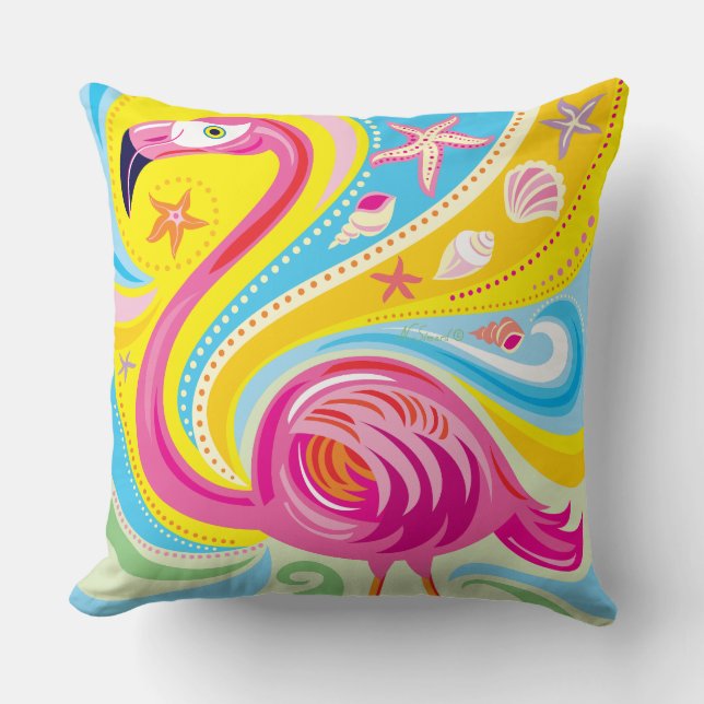 Pink Flamingo with Starfish Throw Pillow (Front)