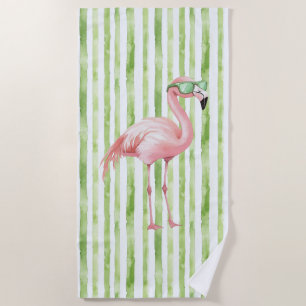 Pink Flamingo with Sunglasses Green Stripes Beach Towel