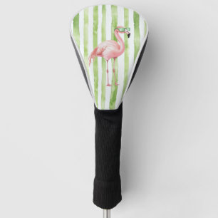 Pink Flamingo with Sunglasses Green Stripes Golf Head Cover