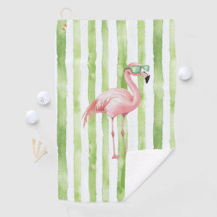 Pink Flamingo with Sunglasses Green Stripes Golf Towel