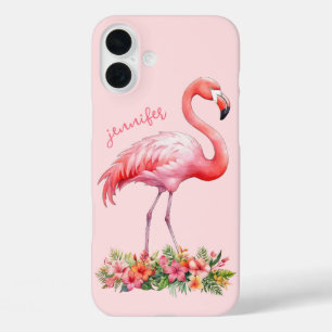 Pink Flamingo with Tropical Flowers iPhone 16 Plus Case
