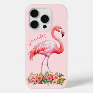 Pink Flamingo with Tropical Flowers iPhone 15 Pro Case