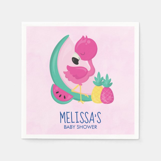 Pink Flamingo with Tropical Fruits Baby Shower Napkins (Front)