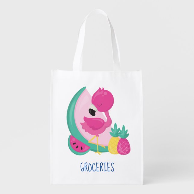Pink Flamingo with Tropical Fruits Grocery Bag (Front)