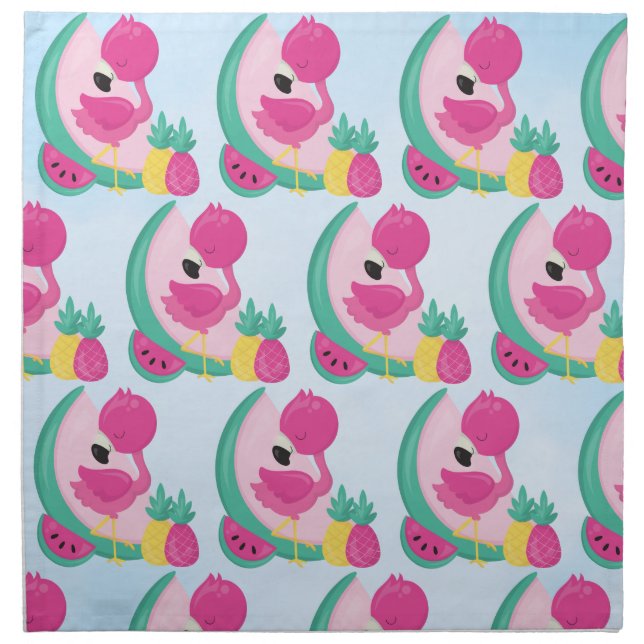 Pink Flamingo with Tropical Fruits Pattern Cloth Napkin (Front)