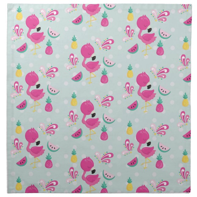 Pink Flamingo with Tropical Fruits Pattern Cloth Napkin (Front)