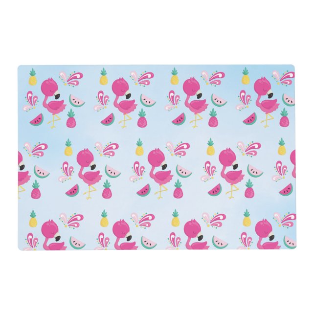 Pink Flamingo with Tropical Fruits Pattern Placemat (Front)