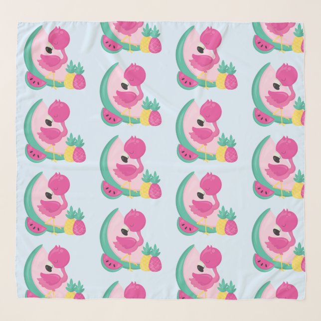 Pink Flamingo with Tropical Fruits Pattern Scarf (Front)