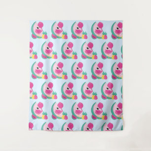 Pink Flamingo with Tropical Fruits Pattern Tapestry