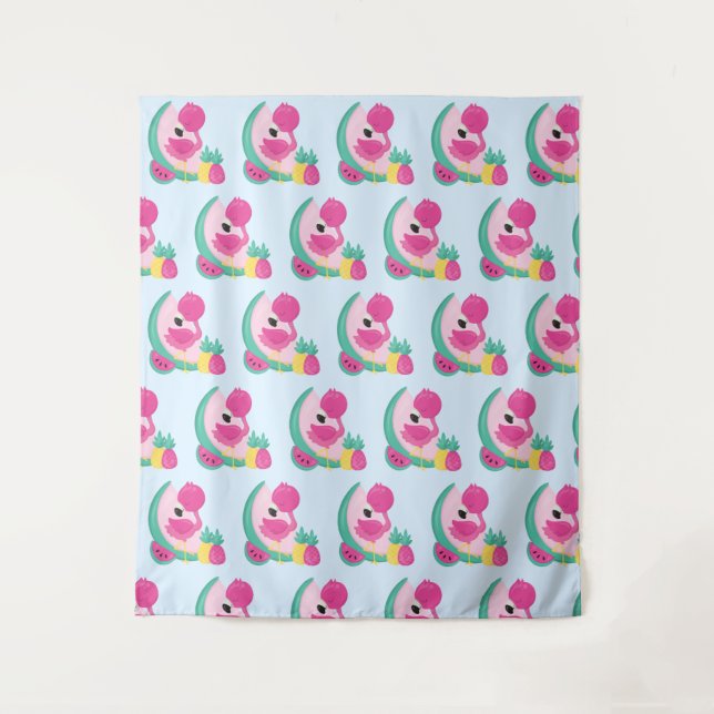 Pink Flamingo with Tropical Fruits Pattern Tapestry (Front)