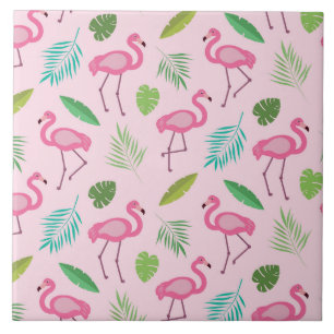 Pink Flamingo with Tropical Leaves Pattern Ceramic Tile
