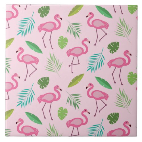 Pink Flamingo with Tropical Leaves Pattern  Ceramic Tile