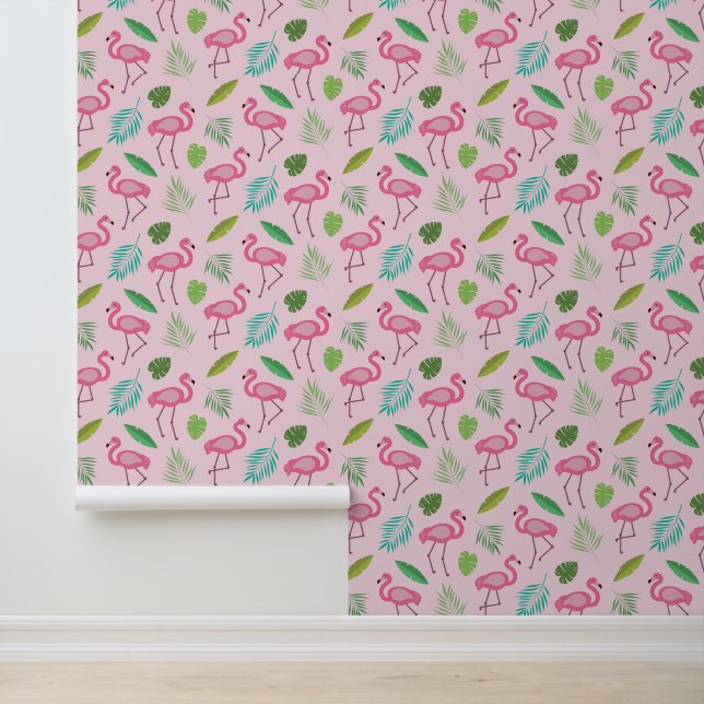 Pink Flamingo with Tropical leaves Wallpaper Wallpaper (Application)