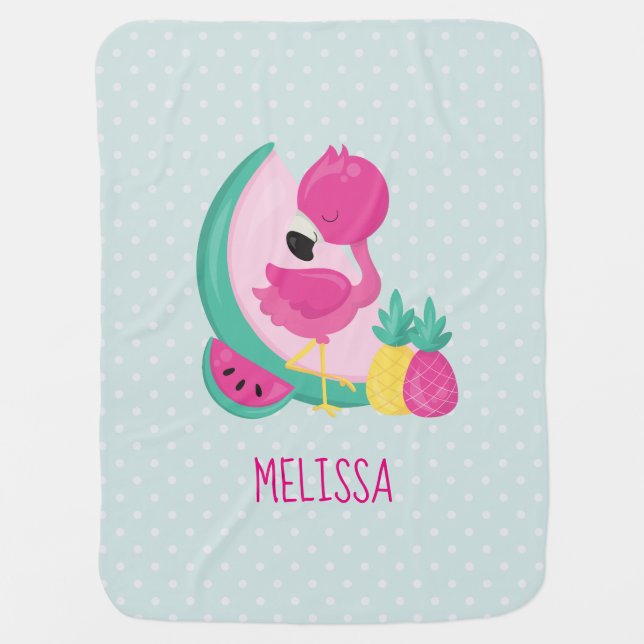 Pink Flamingo with Watermelon & Pineapples Baby Blanket (Front)