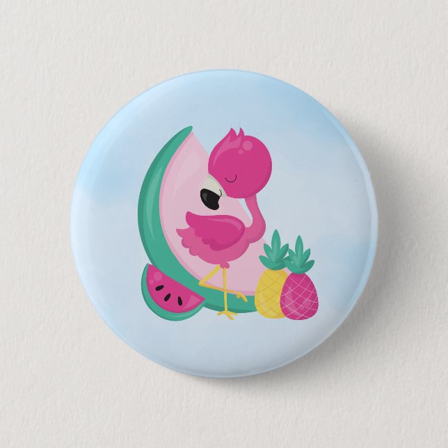 Pink Flamingo with Watermelon & Pineapples Button (Front)