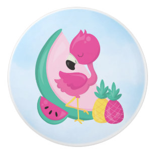 Pink Flamingo with Watermelon & Pineapples Ceramic Knob